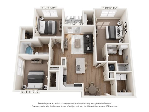 A 3D floor plan of a two-bedroom apartment.